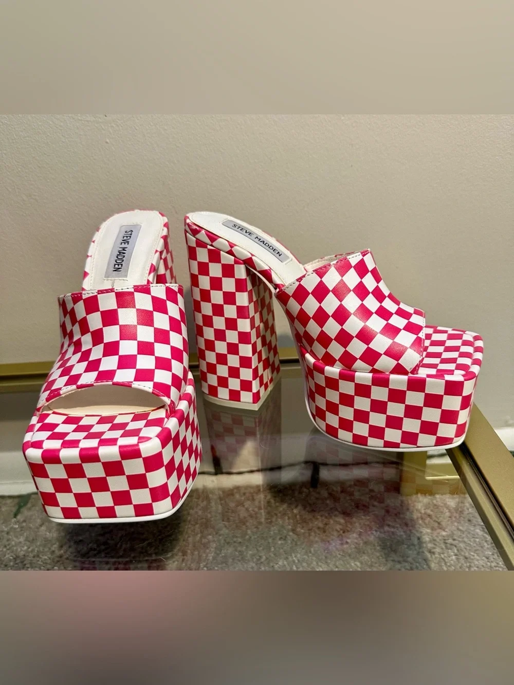 Steve Madden Trixie Platform Sandals Block Heel Pink/White Checkered Size 6